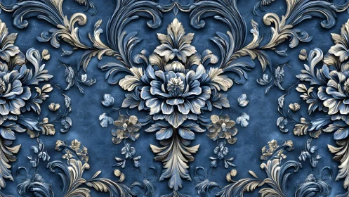 Ornate blue and gold baroque floral wallpaper with intricate texture.