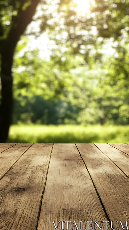 Weathered Wood Deck Overlooking Sunlit Garden.