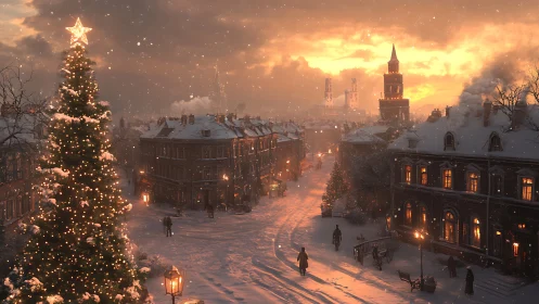 Golden winter street glows beneath a towering festive tree