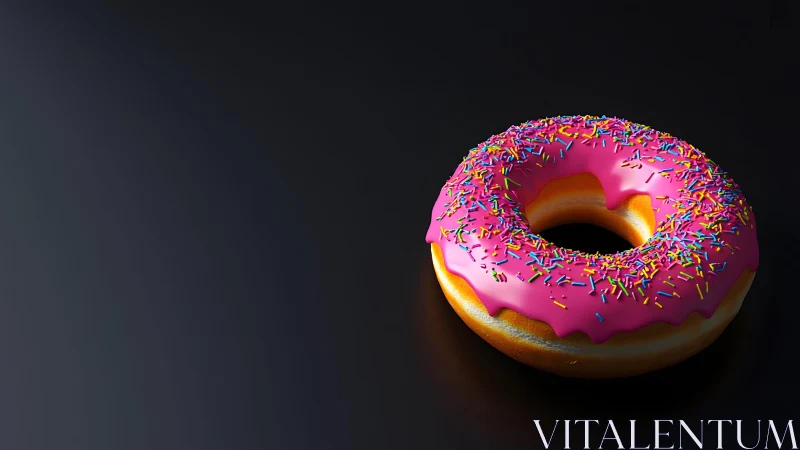 Realistic 3D donut with pink icing and sprinkles on dark background.
