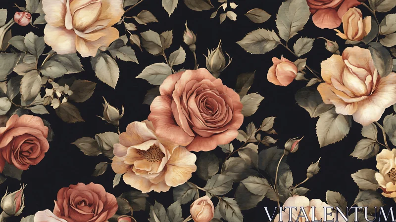 Vintage roses bloom against dark background with muted elegance