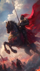 Storm-lit armored knight on rearing warhorse in crimson.