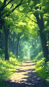 Forest Path With Luminous Canopy and Dappled Sunlight.