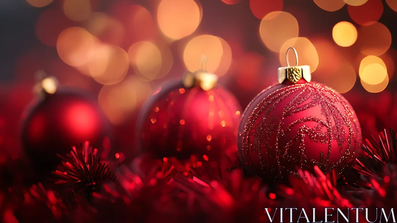 Macro close-up of red glitter Christmas baubles with bokeh lights