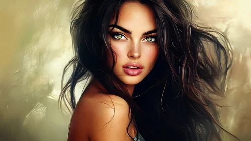 Wind-swept brunette portrait with luminous green eyes.