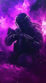 Armored rifleman stands in dense purple atmospheric haze