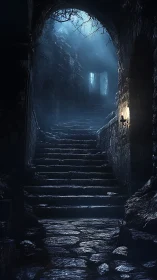 Stone stairway in dim underground passage with doorway.