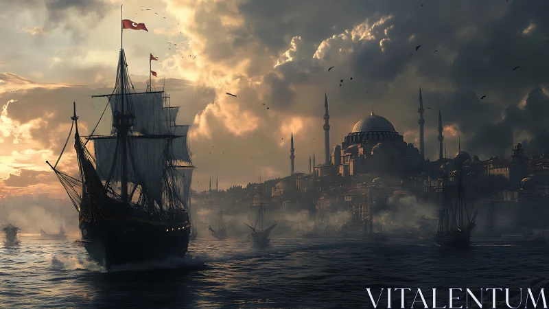 Ottoman-era sailing ship near domed coastal city skyline.