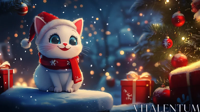 Festive feline in luminous winter bokeh environment.