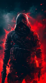 Digital painting of hooded tactical operative in infernal backlight.