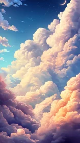 Soft twilight clouds cradling a dreamy crescent moon.