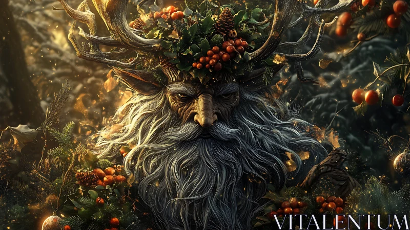Forest horned spirit portrait with winter foliage and berries