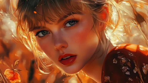 Autumn-lit portrait of freckled woman in warm glow.