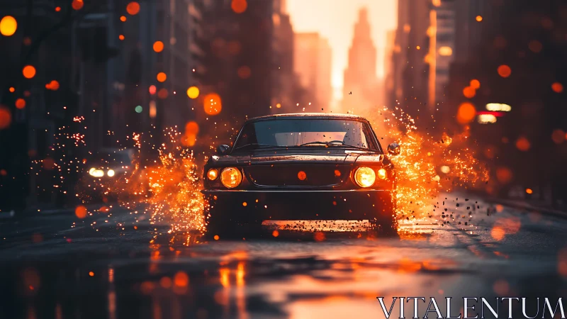 Cinematic 3D muscle car with explosive ember trail in motion.