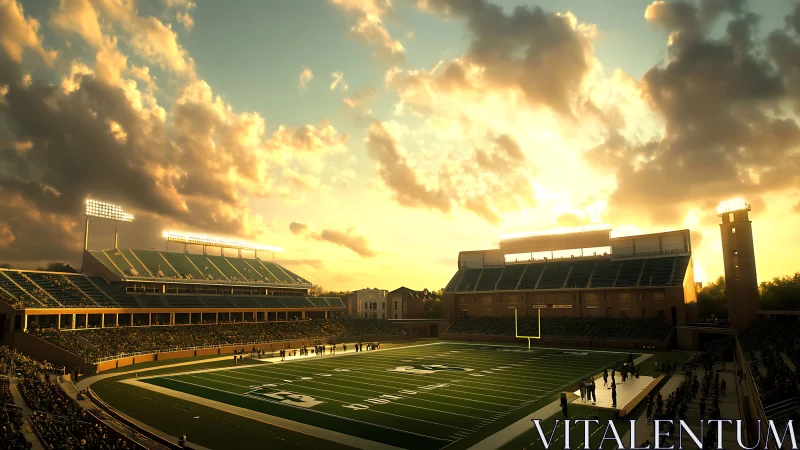 Sunlit football stadium with empty field and tall stands.