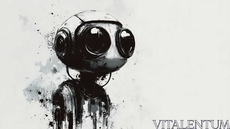 Monochrome ink rendering of stylized humanoid robot figure.