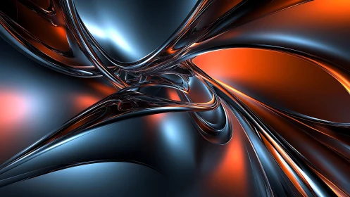 Futuristic metallic abstract art with orange and blue reflections.