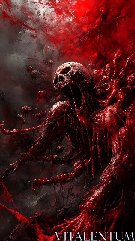 Skeletal figure emerging in red viscous abstract environment.