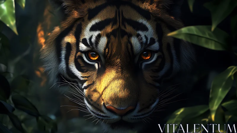 Tiger portrait under cinematic rim light in dense foliage.