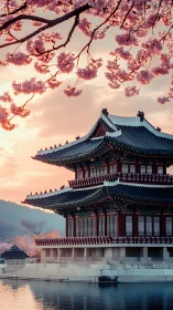 Pagoda pavilion under sakura canopy at pastel sunset glow.