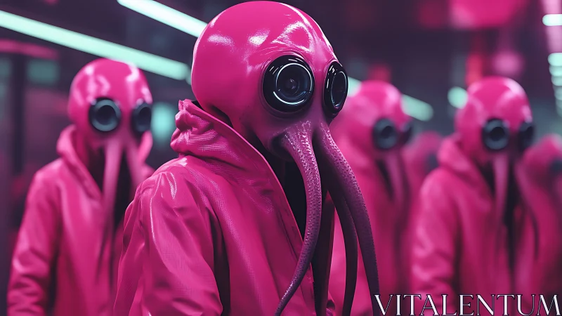 Neon cephalopod sentinels stroll through a glowing subway dream