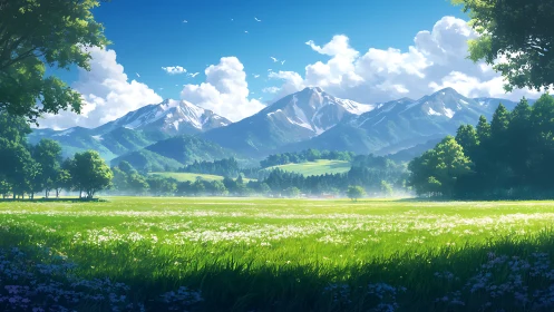 Snowcapped mountains rise behind sunlit green meadow field