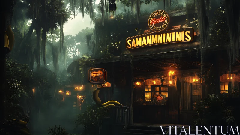 Hidden jungle bar glows warmly through the misty night
