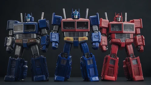 Triad of articulated robot figures under studio lighting.