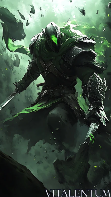 Emerald wraith knight descending through storming green void.