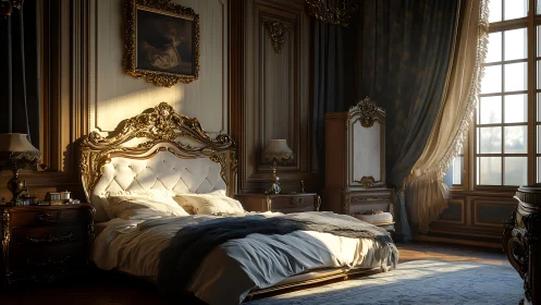 Luxurious baroque bedroom glows in golden morning light.