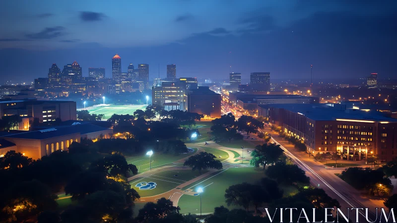 City skyline overlooks illuminated campus park at dusk