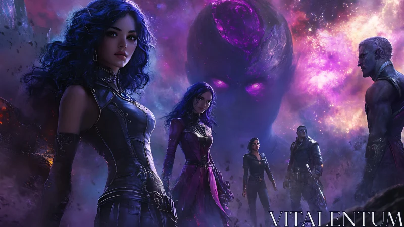 Purple cosmic team confronts looming astral entity.