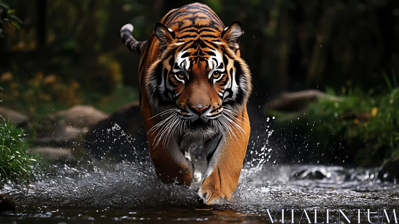 Riverstorm hunter tiger strides through silver splashes.