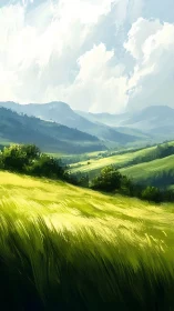Layered sunlit hills rendered with dynamic brushstroke lighting