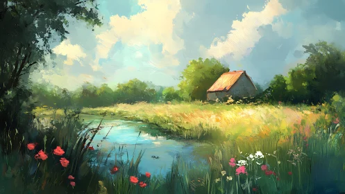 Impressionist meadow landscape with pond and rustic cottage.