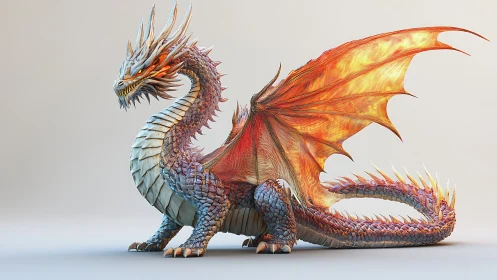 Side profile of detailed 3D dragon with fiery wings.