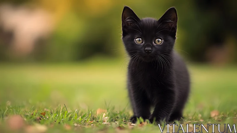 Black Kitten Stares Forward with Luminous Eyes. Green Blur.