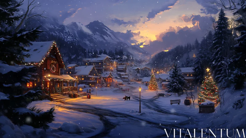 Alpine winter village at dusk with illuminated festive topology.
