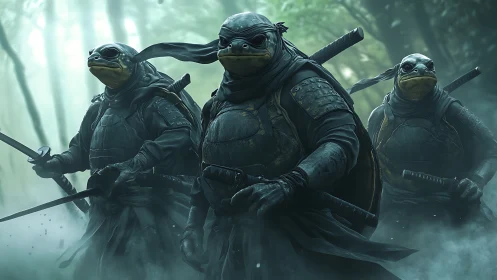 Armored turtle warriors advance through misty forest.