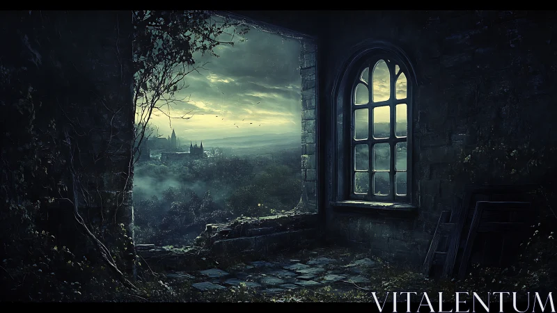Twilight drifts through a ruined stone room toward a misty valley