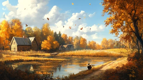 Digital painting of lakeside cabins in luminous autumn light.