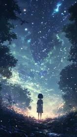 Silhouetted child observes luminescent starfield above forest path