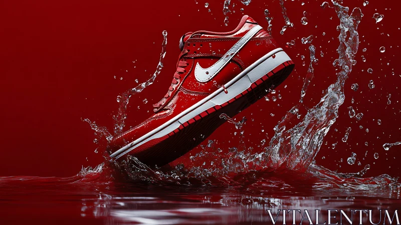 Red athletic shoe is captured mid-splash against red backdrop