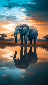 Sunlit savanna elephant mirrored in saturated lagoon sky.