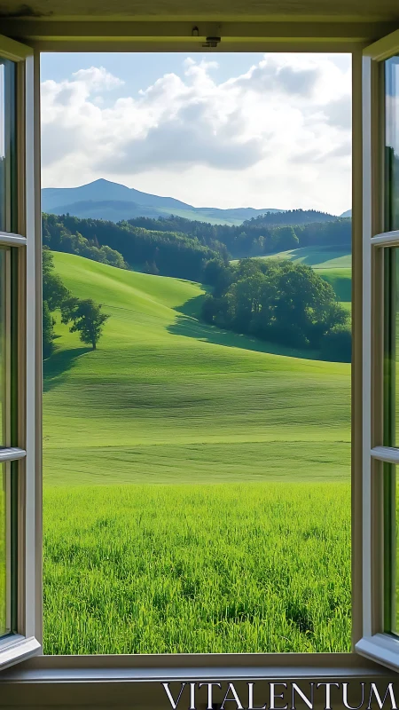 Open casement window frames sunlit rolling green hills