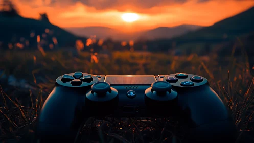 Photoreal controller close-up at sunset with cinematic depth of field.