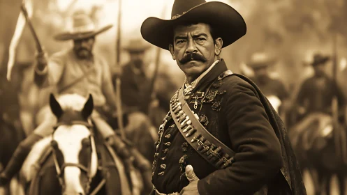 Sepia-soaked revolutionary rider guarding the dusty dawn.