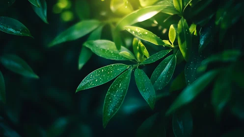 Backlit dew-covered leaves form high-contrast bokeh foliage plane