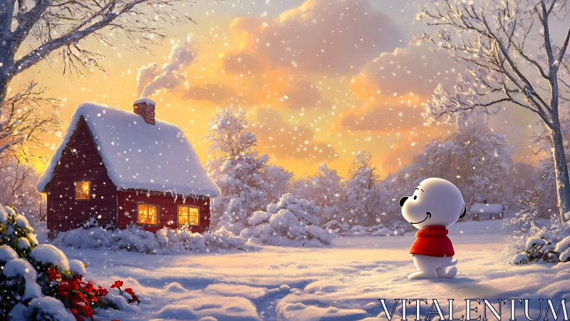 Cartoon puppy admires a glowing winter cabin at sunset