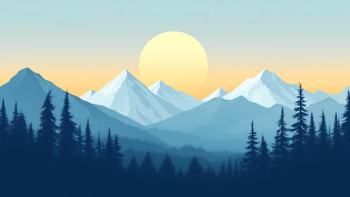 Sunrise hush over cobalt pines and soft glacier peaks.